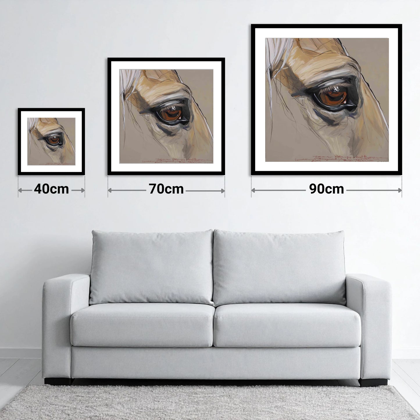 A Quiet Connection - size guide showing 40cm, 70cm and 90cm art prints