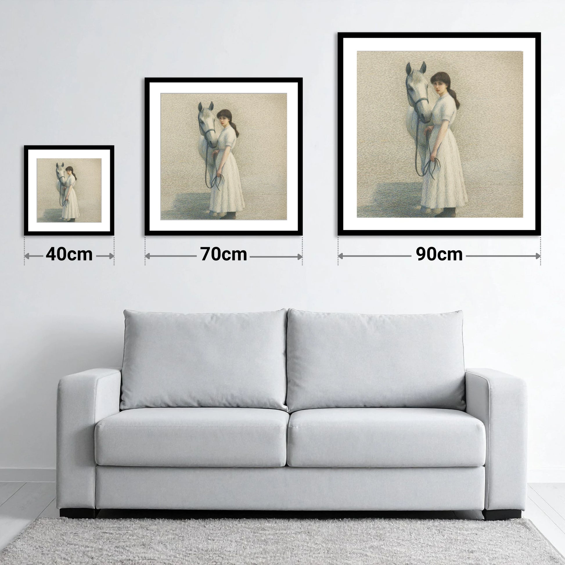 The Quiet Companion - size guide showing 40cm, 70cm and 90cm art prints