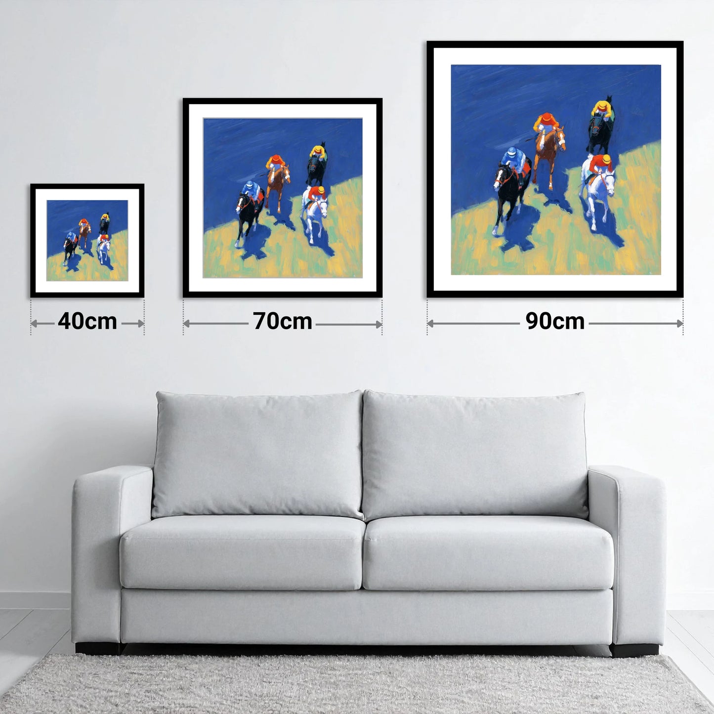 Turf Shadows - size guide showing 40cm, 70cm and 90cm art prints