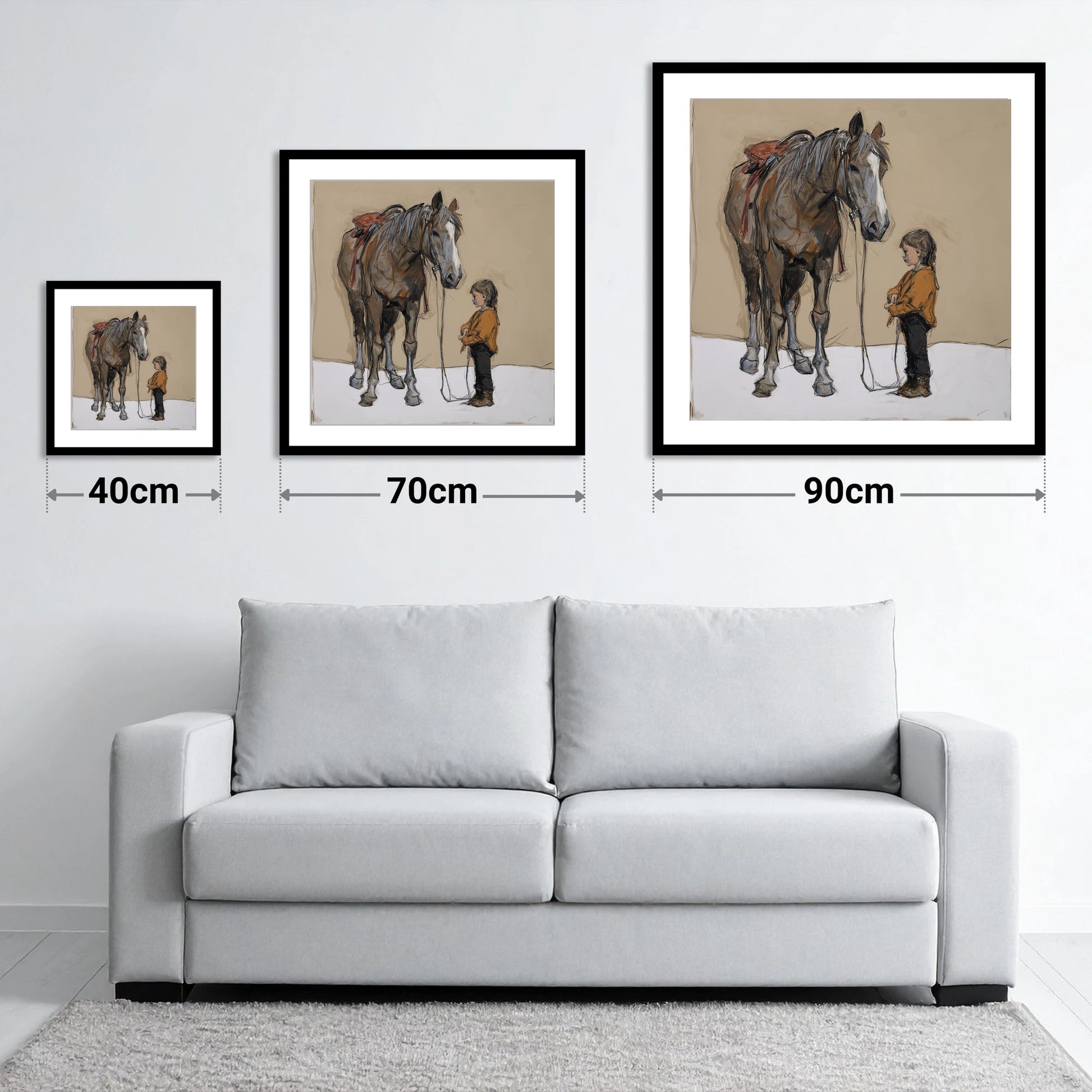 Silent Understanding - size guide showing 40cm, 70cm and 90cm art prints