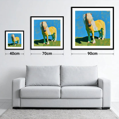 Sunlit Shetland Pony Portrait - size guide showing 40cm, 70cm and 90cm art prints