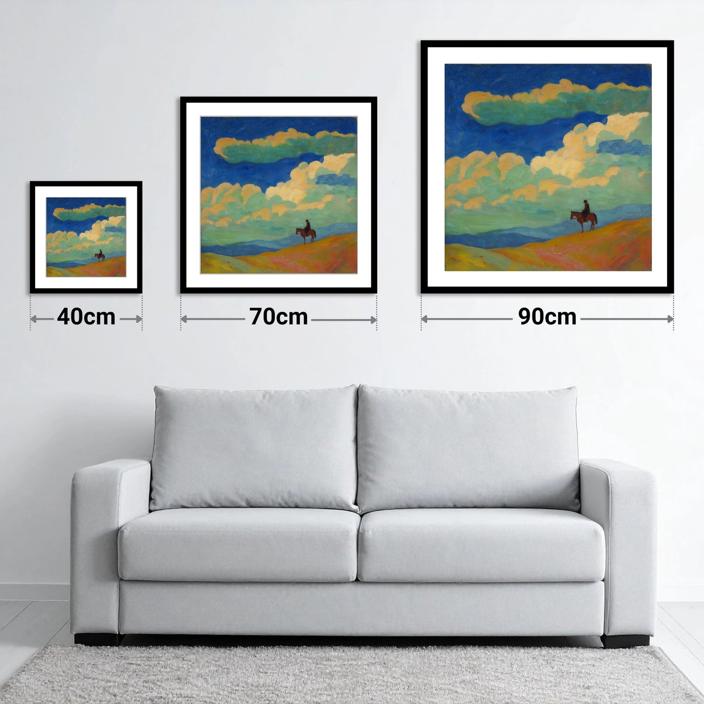 Beneath the Vibrant Heavens - size guide showing 40cm, 70cm and 90cm art prints