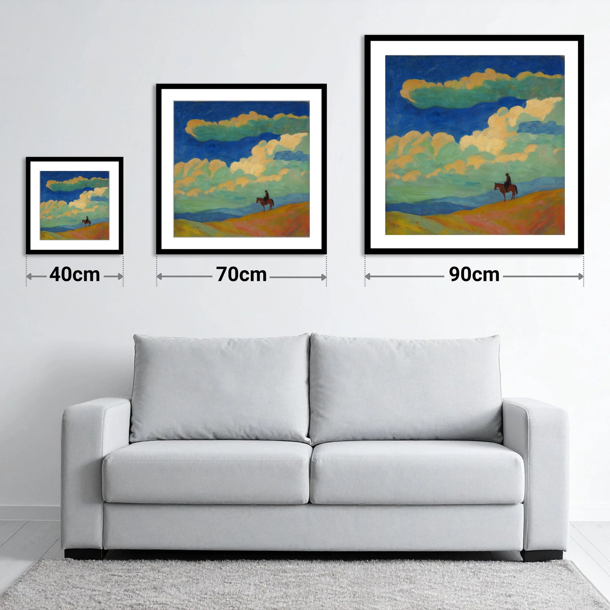 Beneath the Vibrant Heavens - size guide showing 40cm, 70cm and 90cm art prints