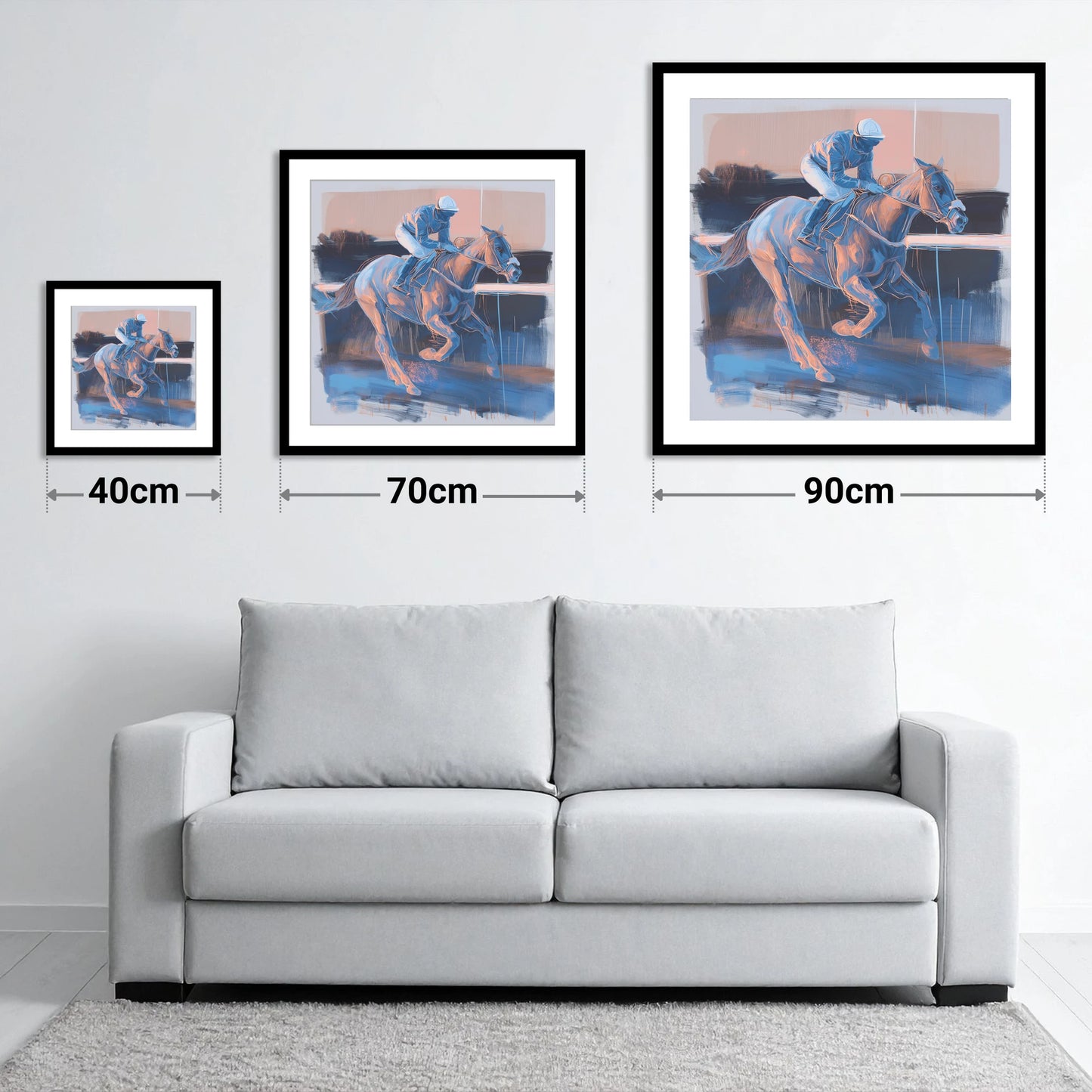 Cobalt Stride - size guide showing 40cm, 70cm and 90cm art prints