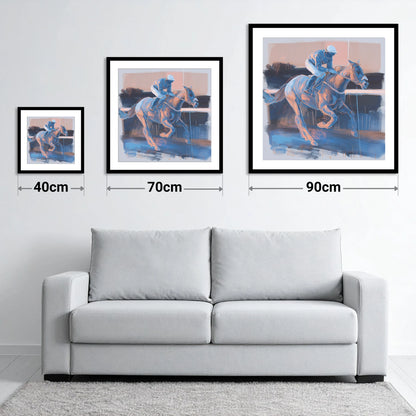 Cobalt Stride - size guide showing 40cm, 70cm and 90cm art prints