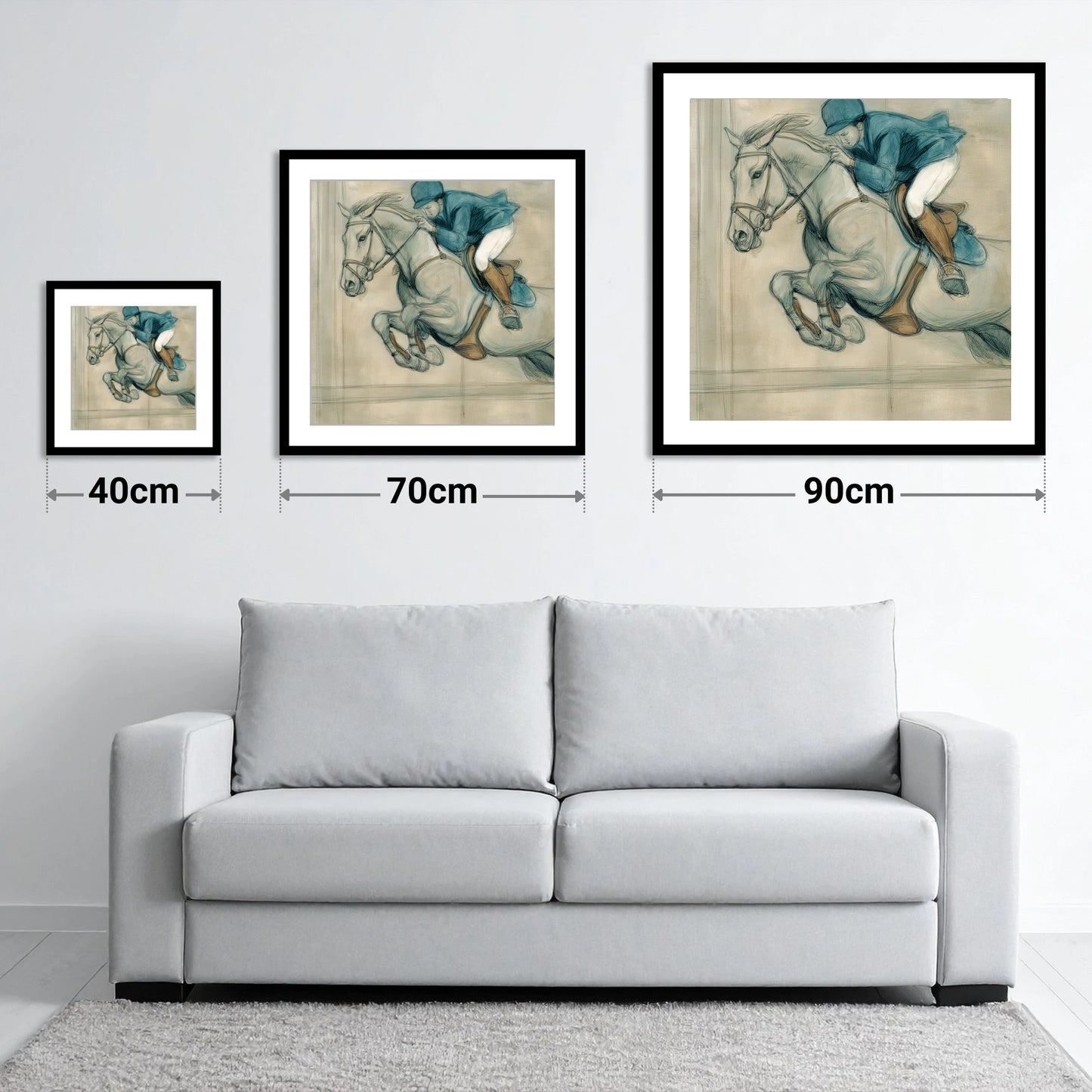 Suspended Flight - size guide showing 40cm, 70cm and 90cm art prints