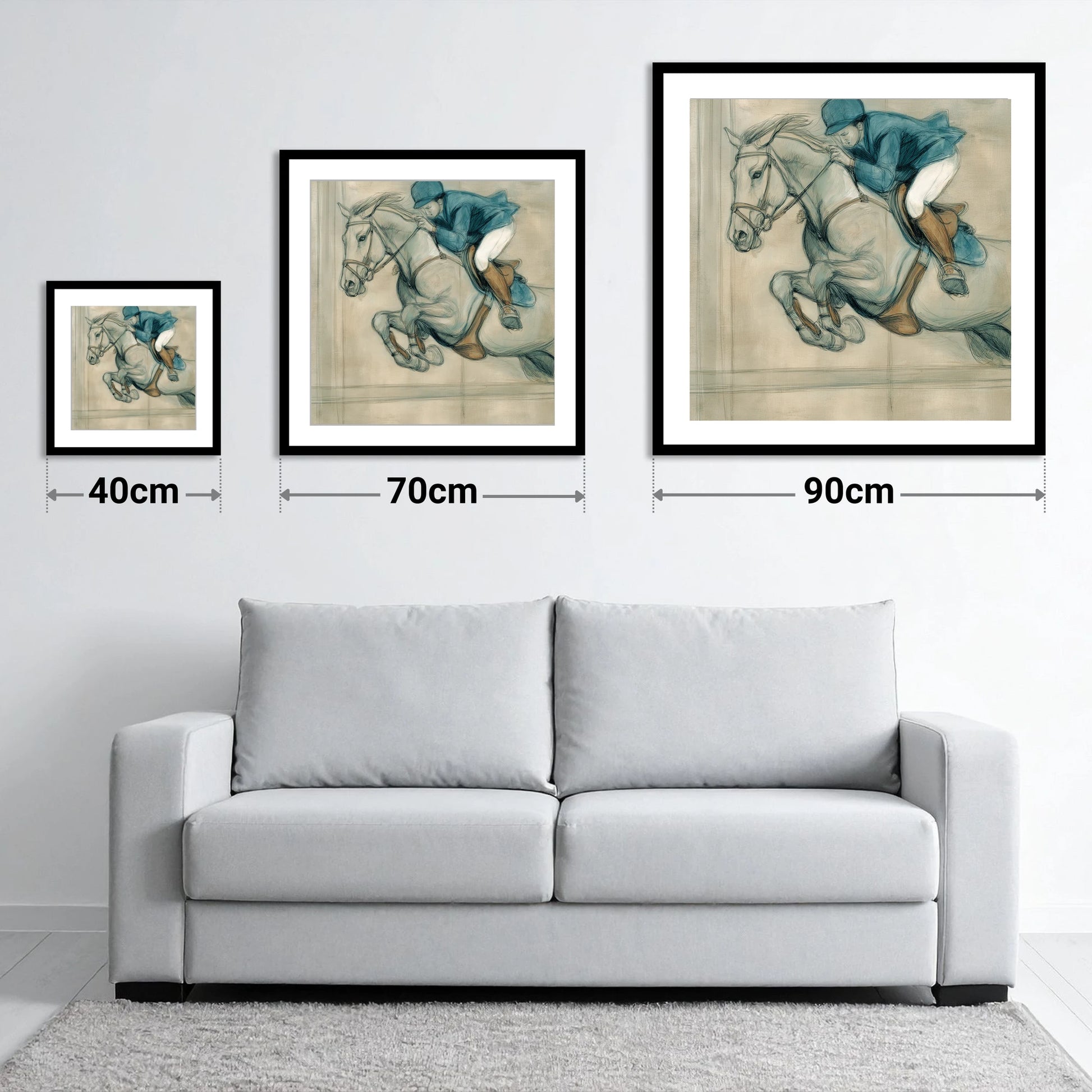 Suspended Flight - size guide showing 40cm, 70cm and 90cm art prints