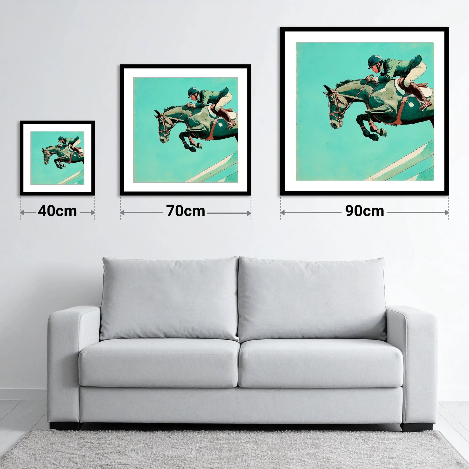 Mid-Air Mastery - size guide showing 40cm, 70cm and 90cm art prints