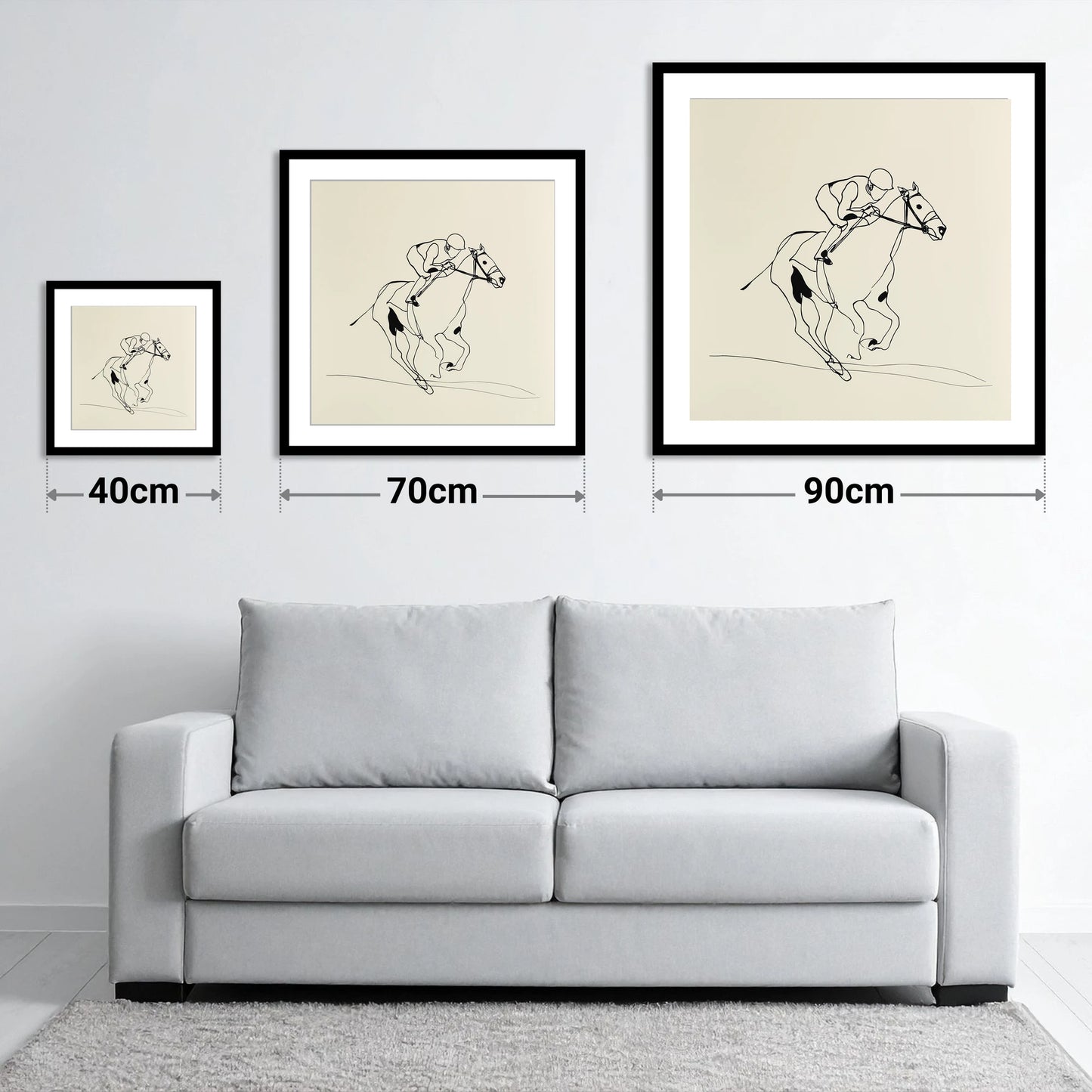 Elegant Racing Lines - size guide showing 40cm, 70cm and 90cm art prints