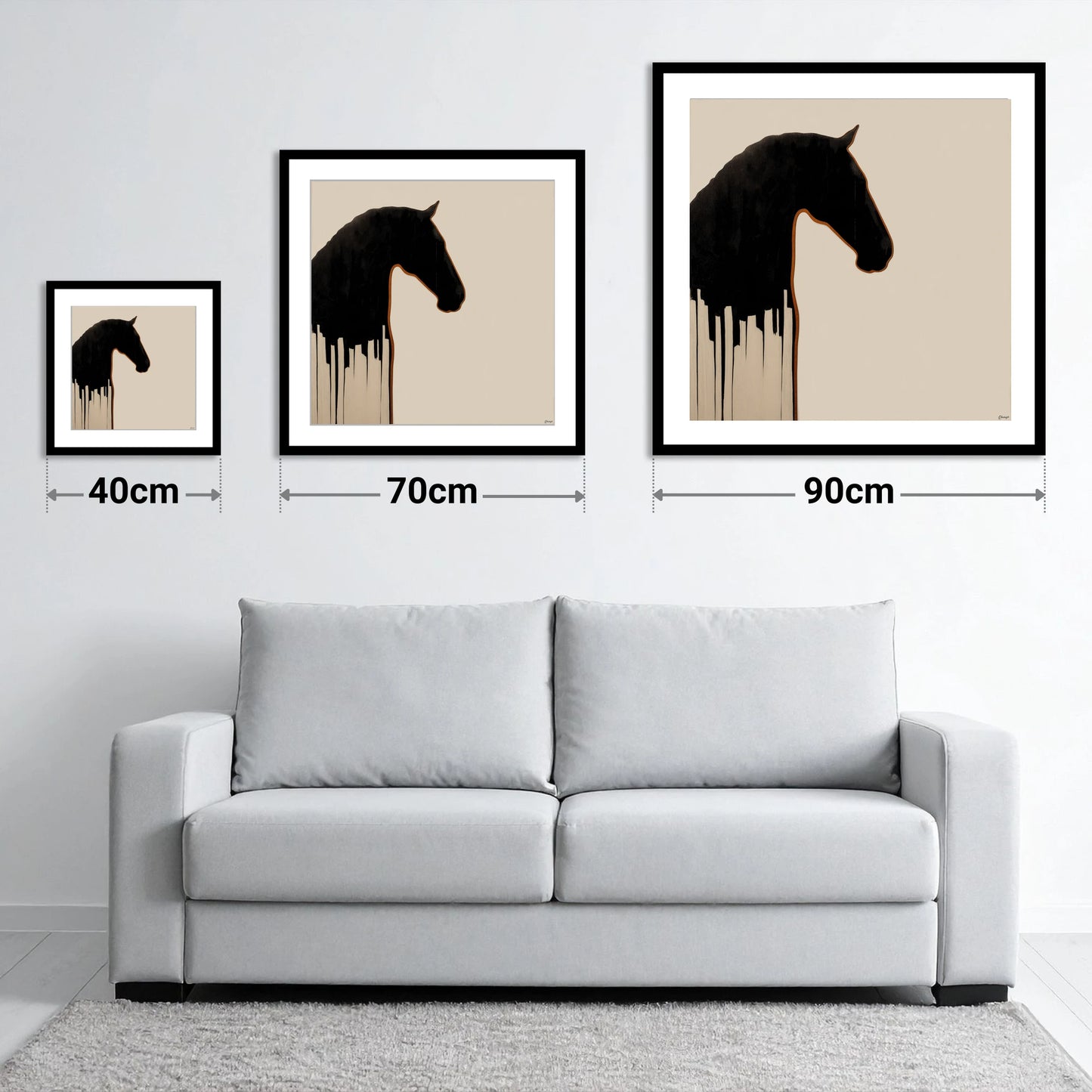 Midnight Equine Silhouette - size guide showing 40cm, 70cm and 90cm art prints