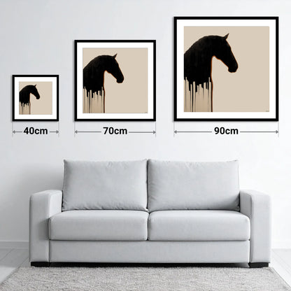 Midnight Equine Silhouette - size guide showing 40cm, 70cm and 90cm art prints