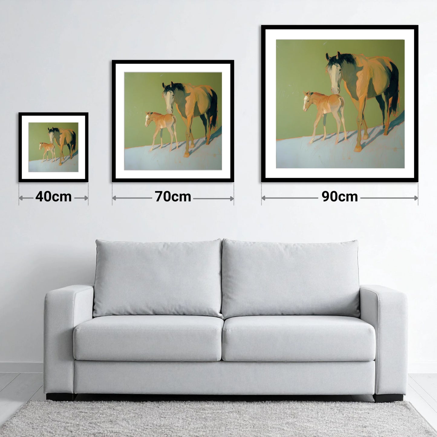 Sunlit Bonds - size guide showing 40cm, 70cm and 90cm art prints