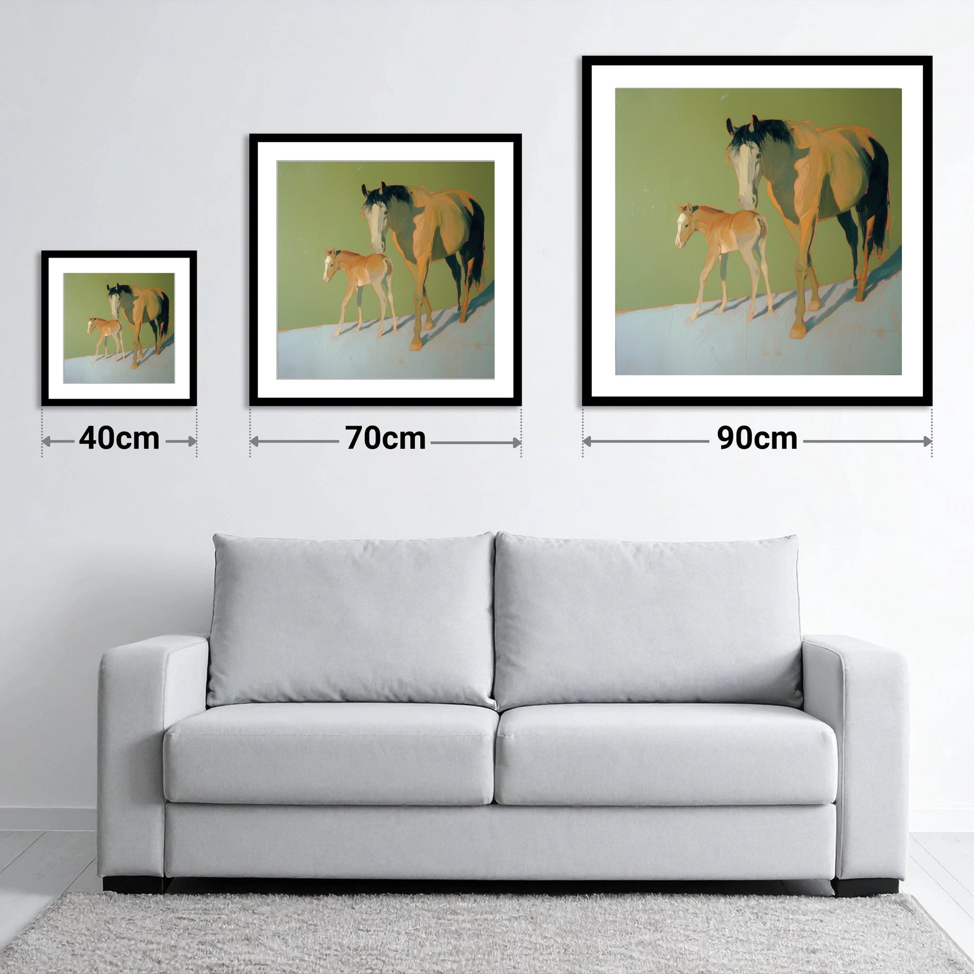 Sunlit Bonds - size guide showing 40cm, 70cm and 90cm art prints
