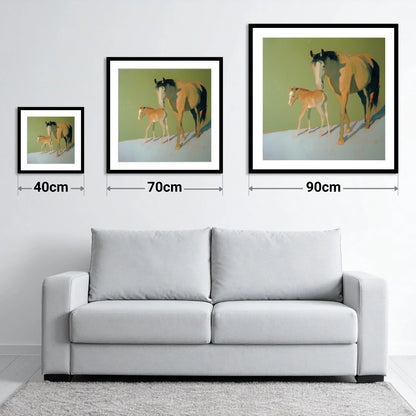 Sunlit Bonds - size guide showing 40cm, 70cm and 90cm art prints