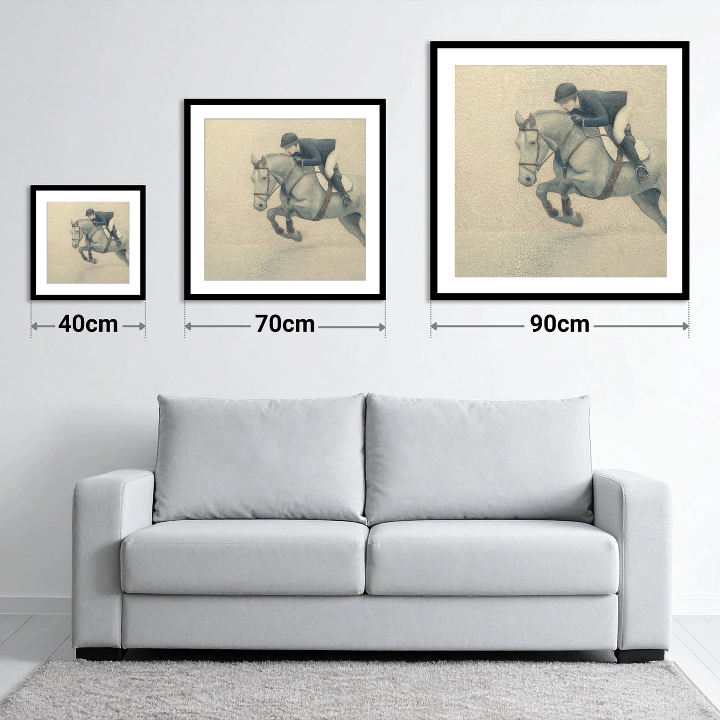 Suspended Flight - size guide showing 40cm, 70cm and 90cm art prints