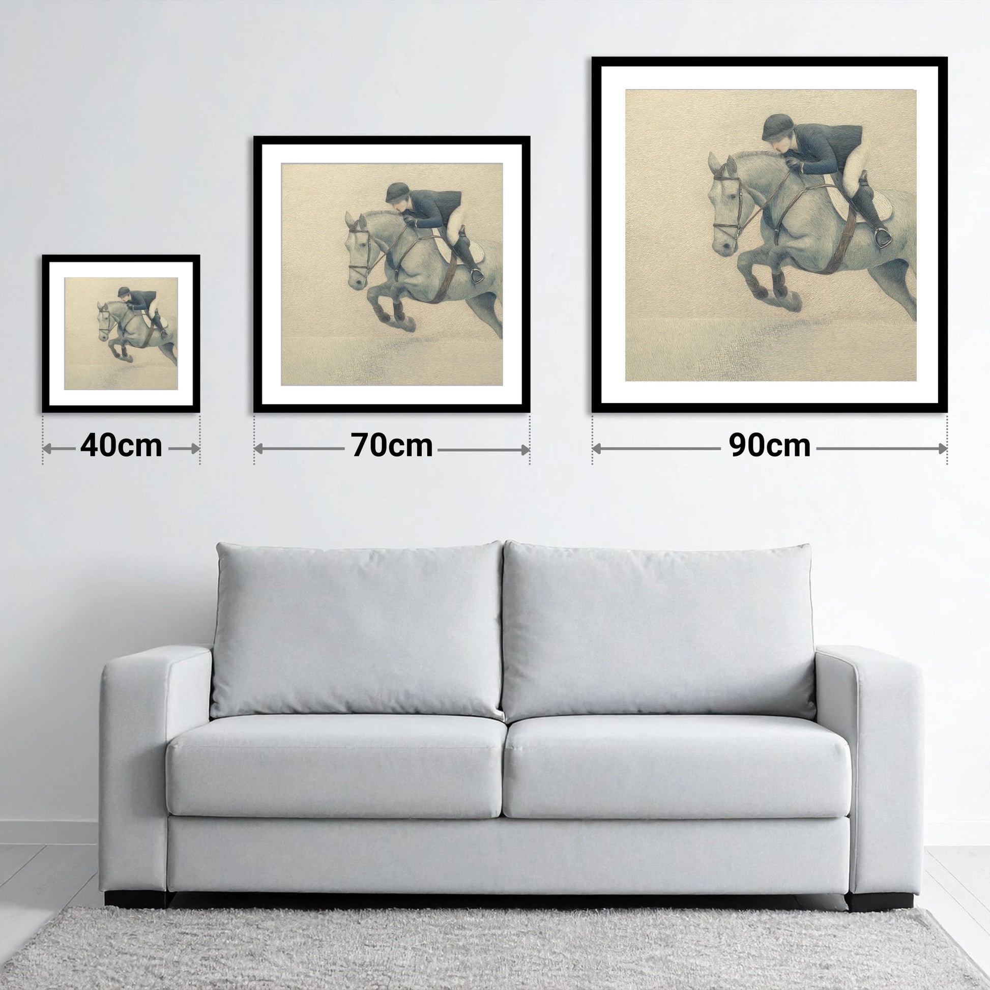 Suspended Flight - size guide showing 40cm, 70cm and 90cm art prints