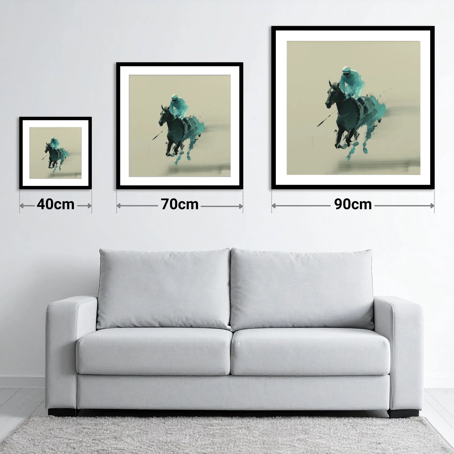Teal Velocity - size guide showing 40cm, 70cm and 90cm art prints