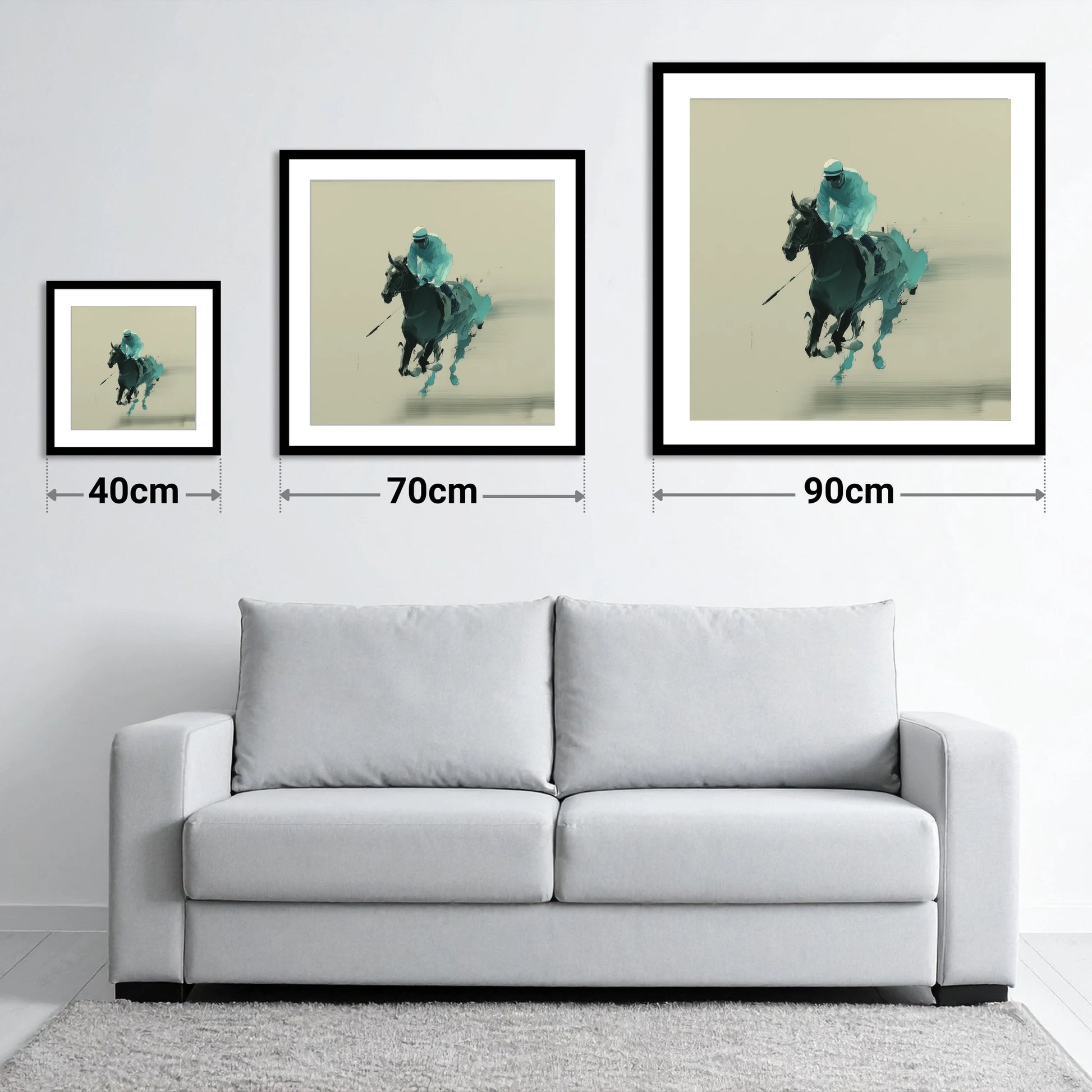 Teal Velocity - size guide showing 40cm, 70cm and 90cm art prints