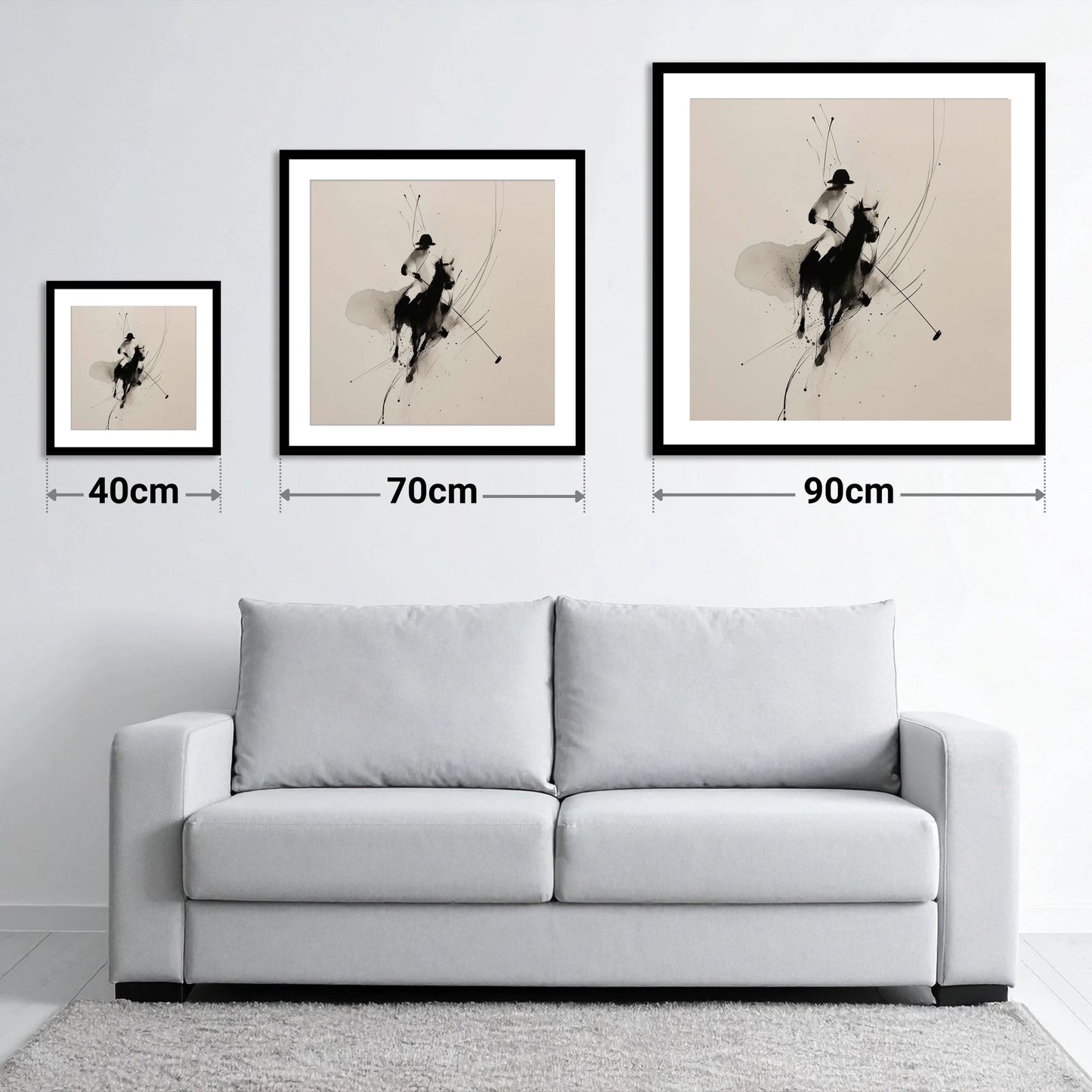 Poised for the Strike - size guide showing 40cm, 70cm and 90cm art prints