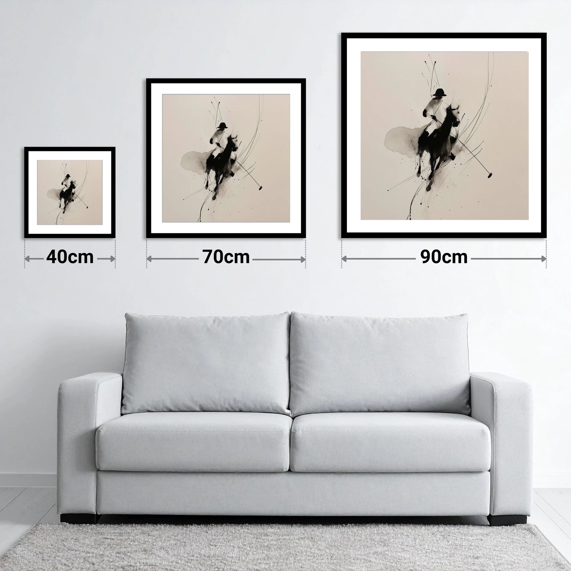 Poised for the Strike - size guide showing 40cm, 70cm and 90cm art prints
