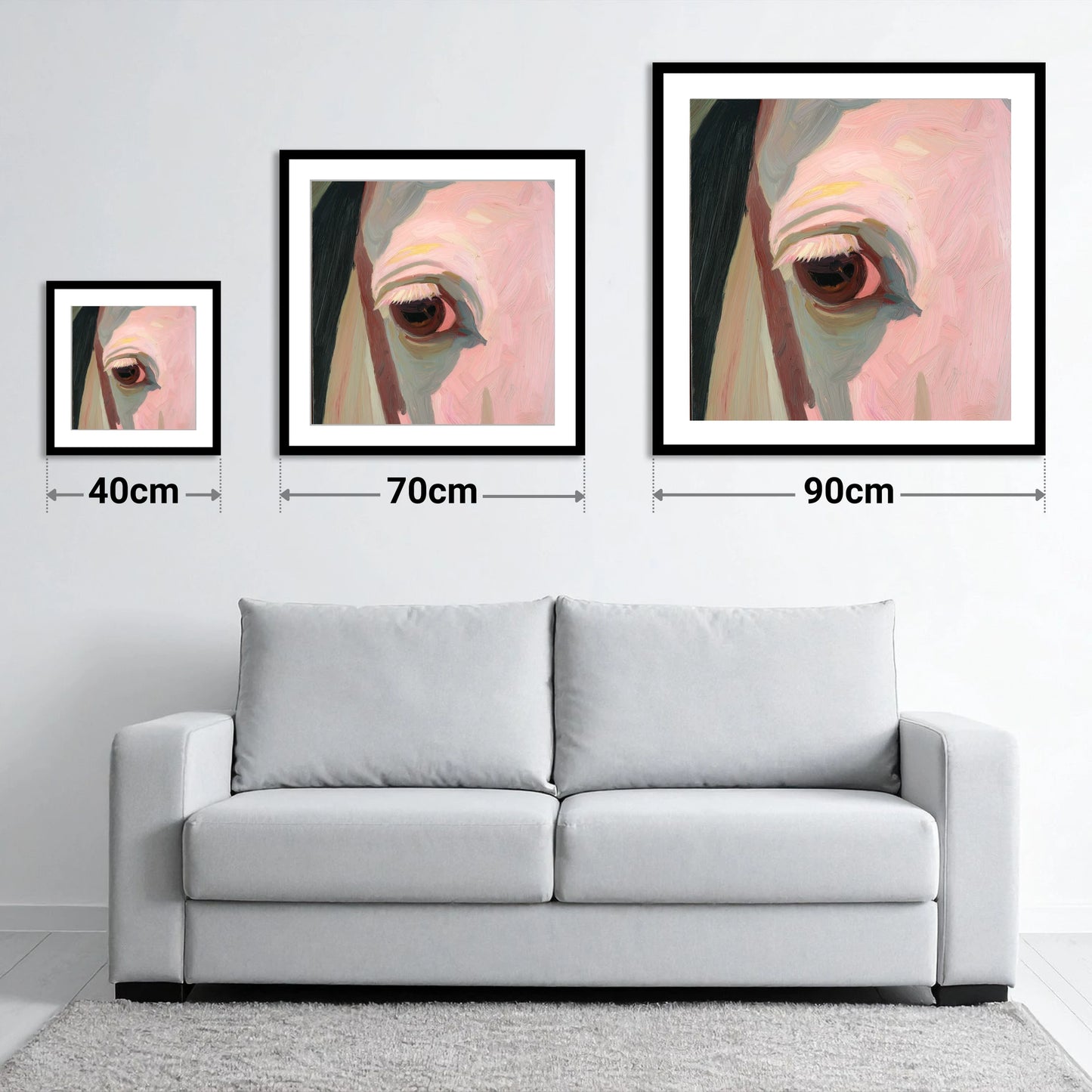 A Gentle Gaze - size guide showing 40cm, 70cm and 90cm art prints