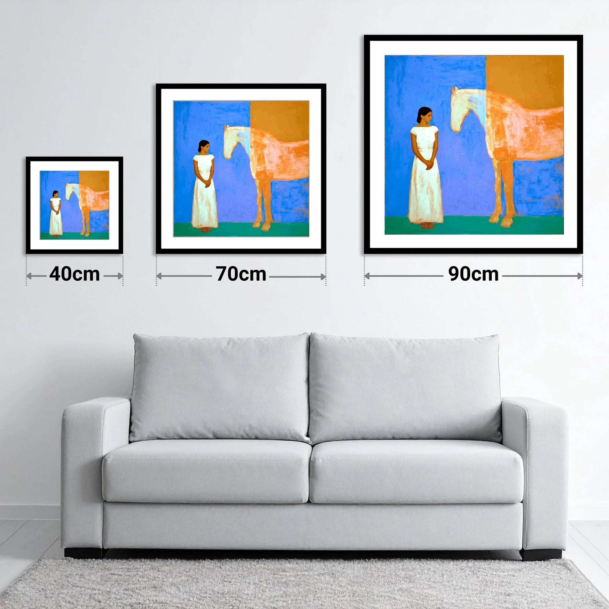 A Silent Understanding - size guide showing 40cm, 70cm and 90cm art prints