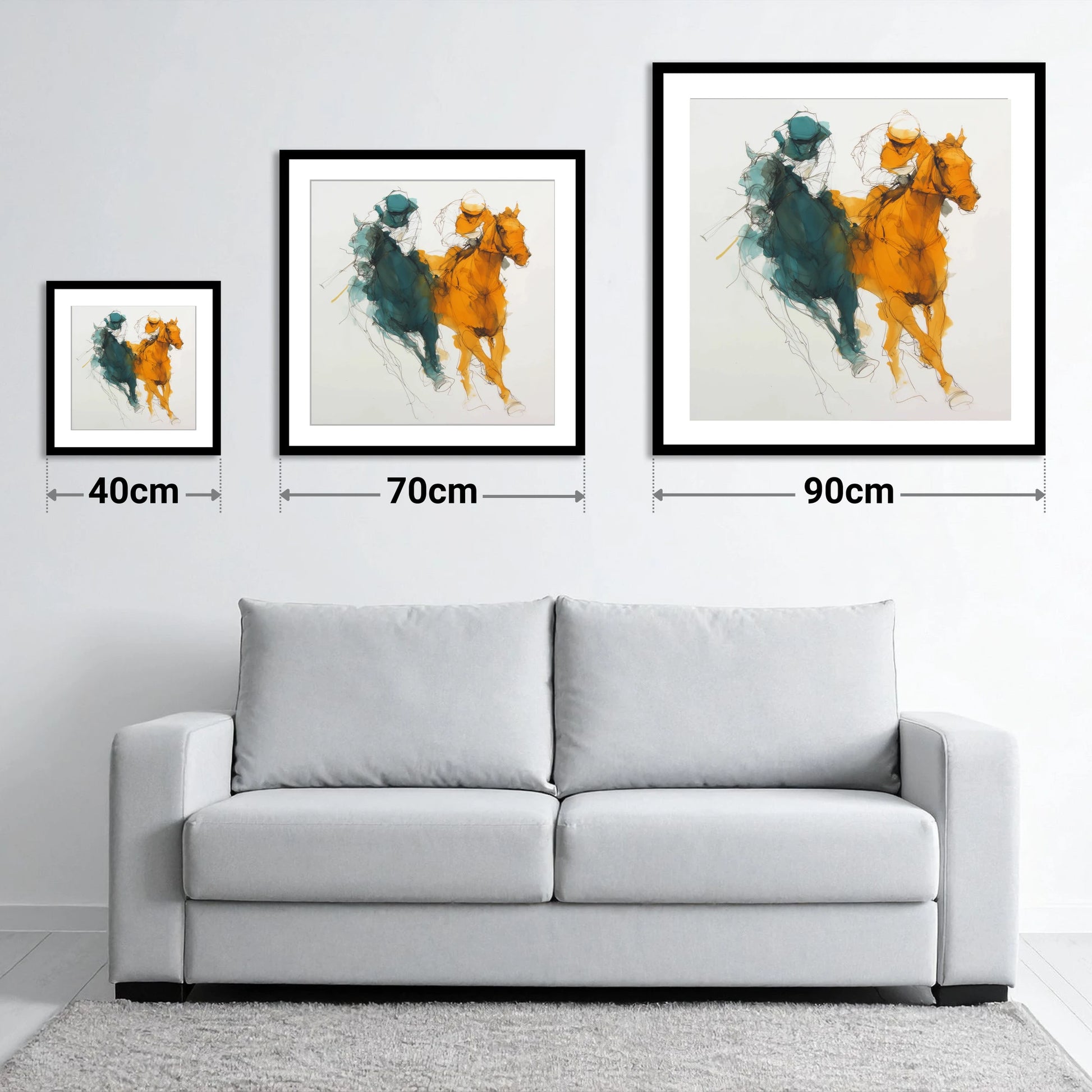 Dynamic Duel - size guide showing 40cm, 70cm and 90cm art prints