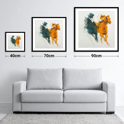 Dynamic Duel - size guide showing 40cm, 70cm and 90cm art prints