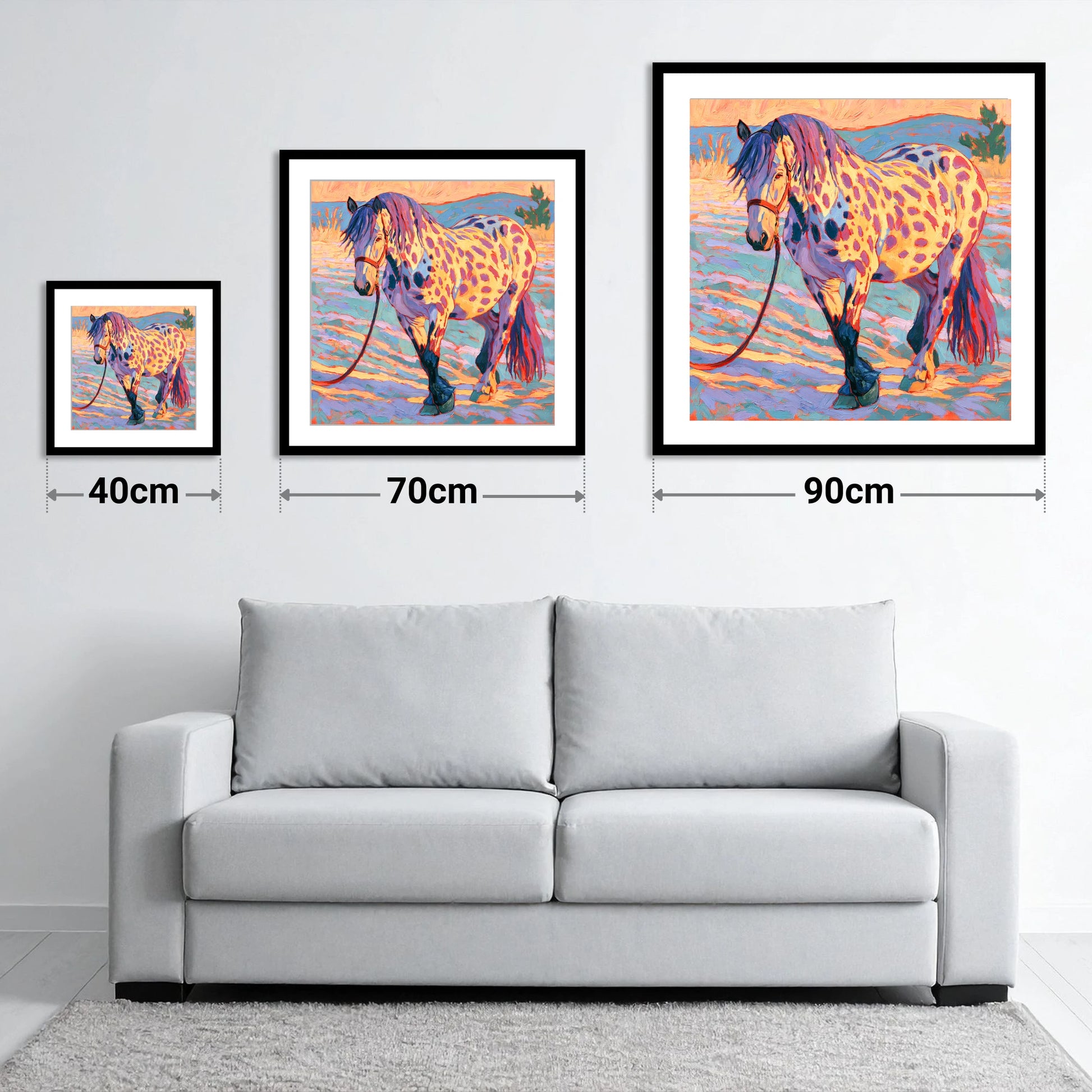 Colourful Appaloosa in Sunset Light - size guide showing 40cm, 70cm and 90cm art prints