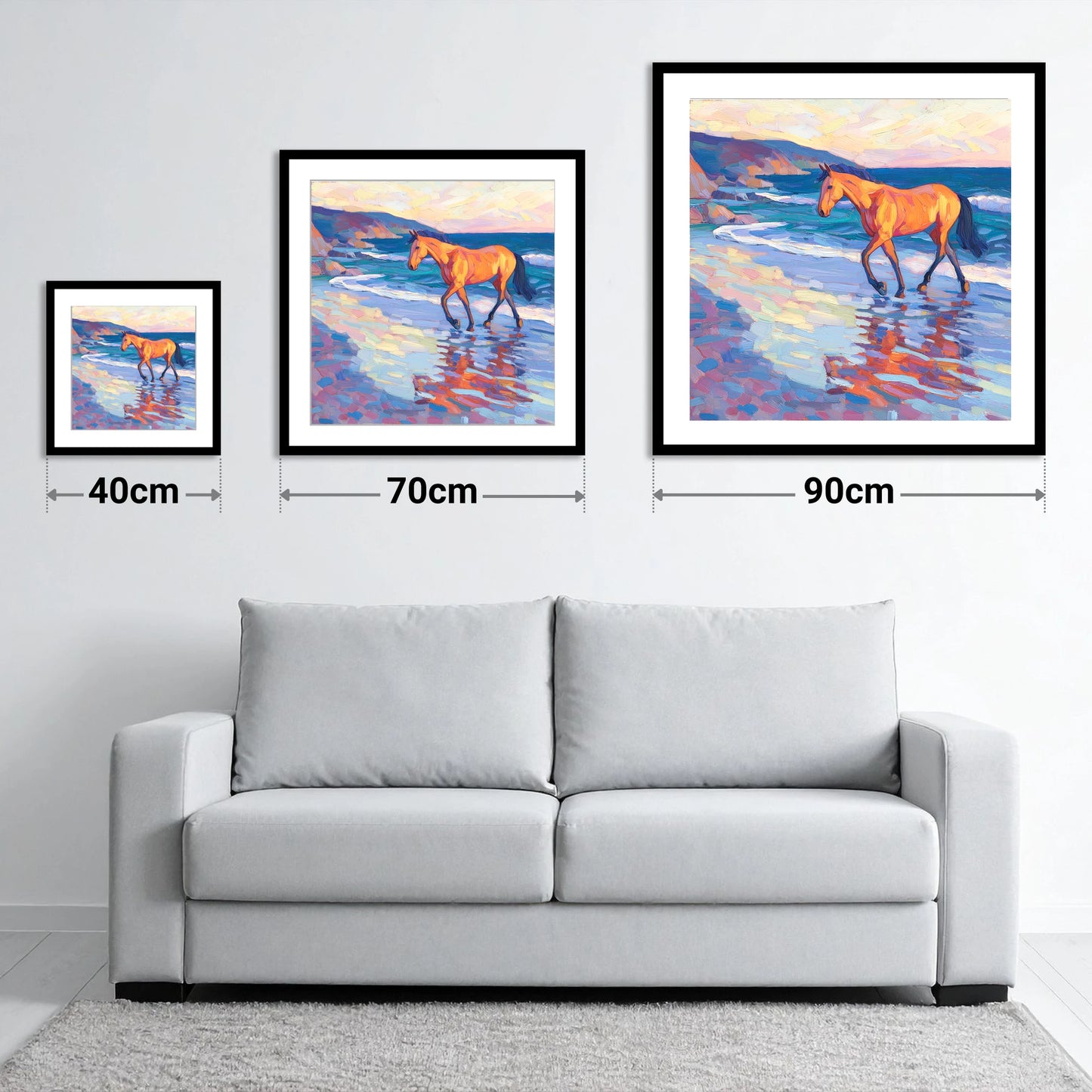 Vibrant Coastal Stride - size guide showing 40cm, 70cm and 90cm art prints