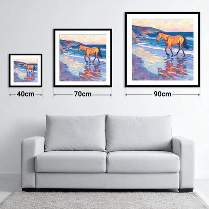 Vibrant Coastal Stride - size guide showing 40cm, 70cm and 90cm art prints