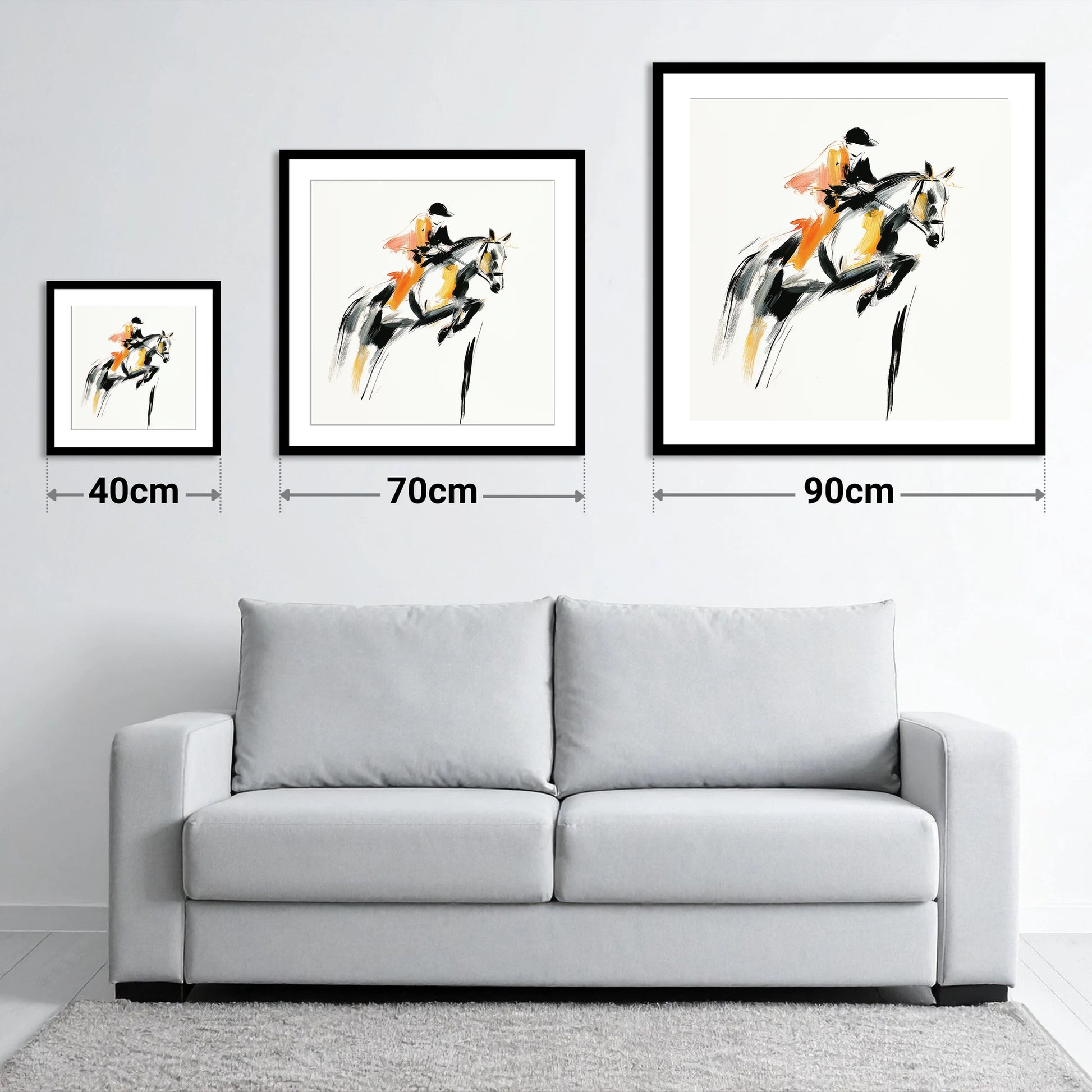 Amber Ascent - size guide showing 40cm, 70cm and 90cm art prints