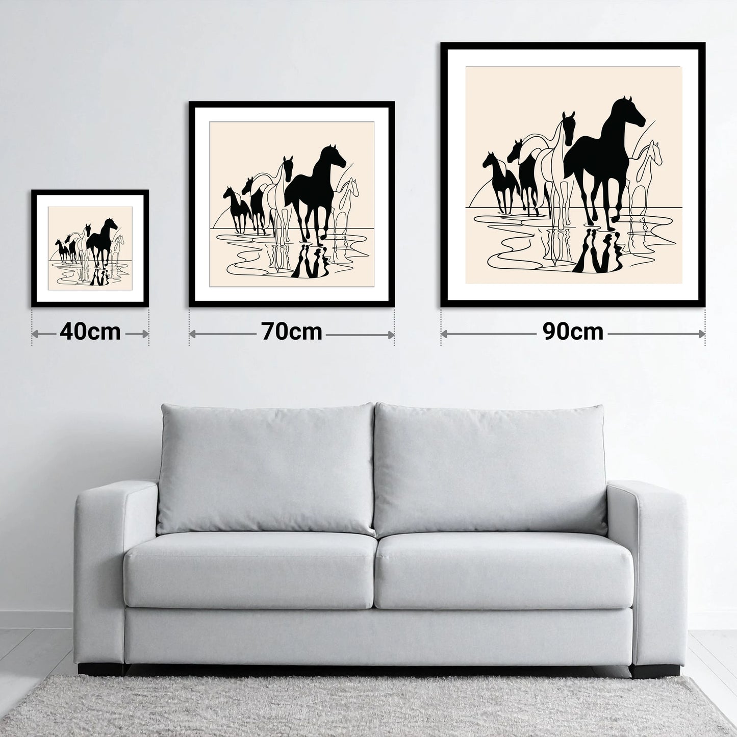 Ink Silhouettes at Water - size guide showing 40cm, 70cm and 90cm art prints