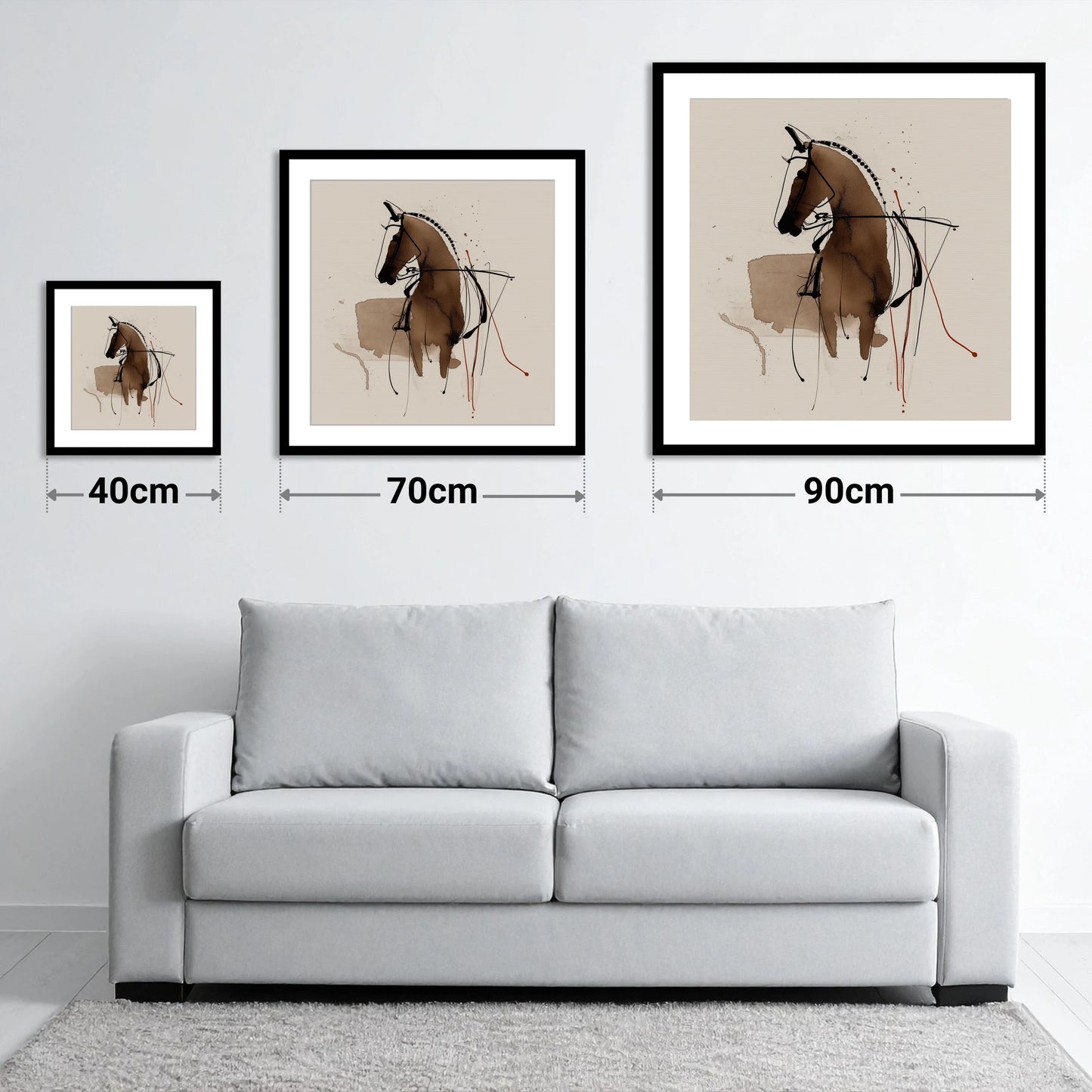 The Collected Frame - size guide showing 40cm, 70cm and 90cm art prints