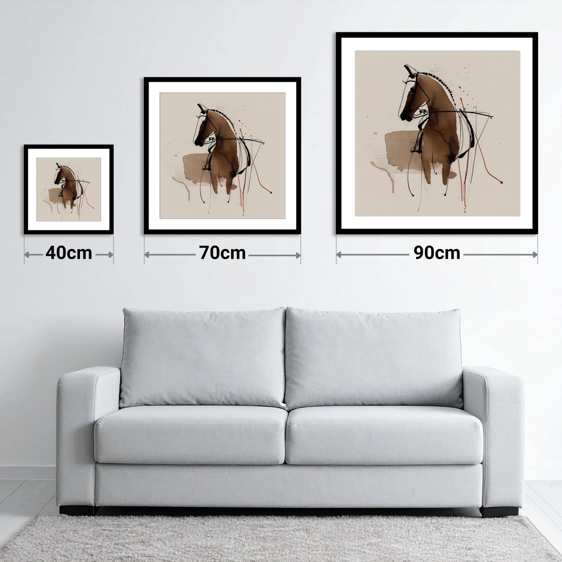 The Collected Frame - size guide showing 40cm, 70cm and 90cm art prints
