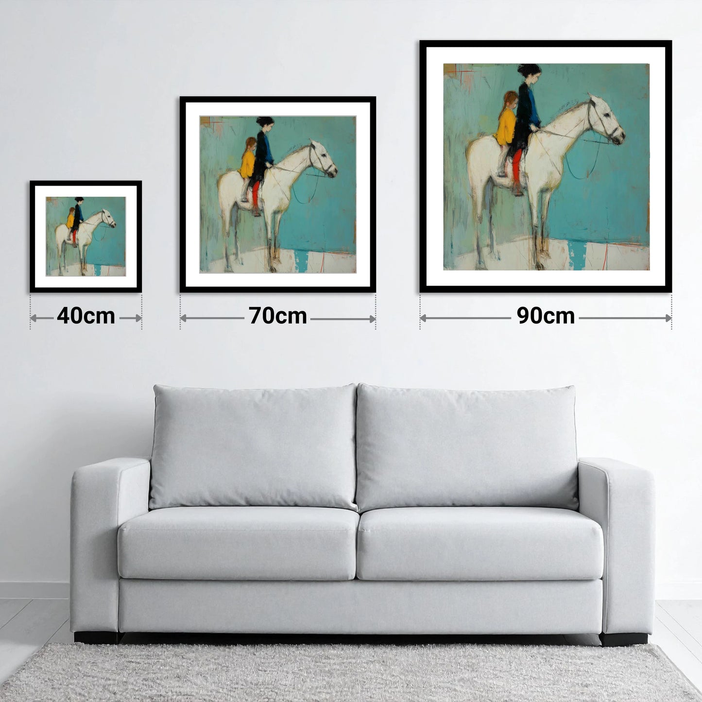 Companions in Colour - size guide showing 40cm, 70cm and 90cm art prints