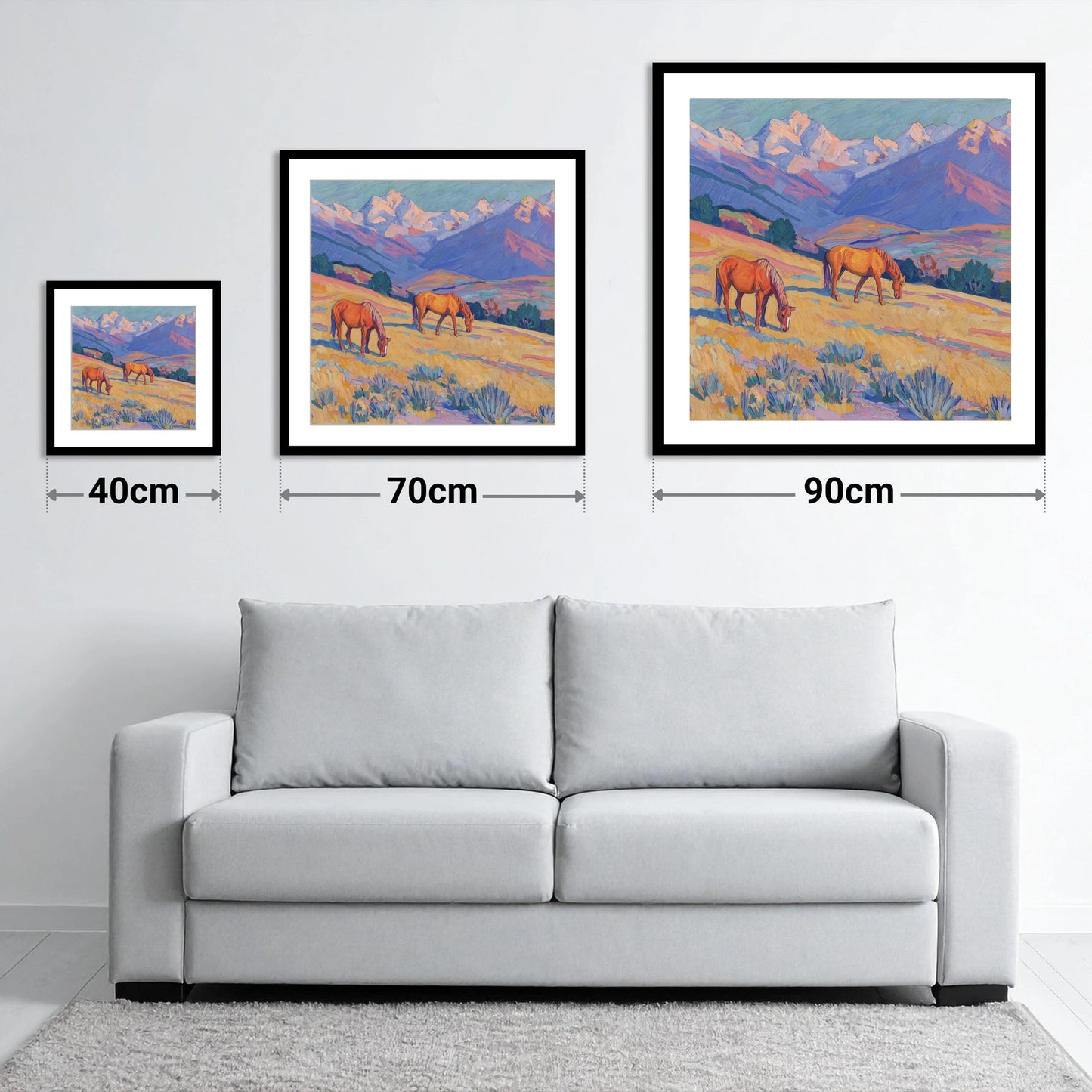Grazing Beneath Violet Peaks - size guide showing 40cm, 70cm and 90cm art prints