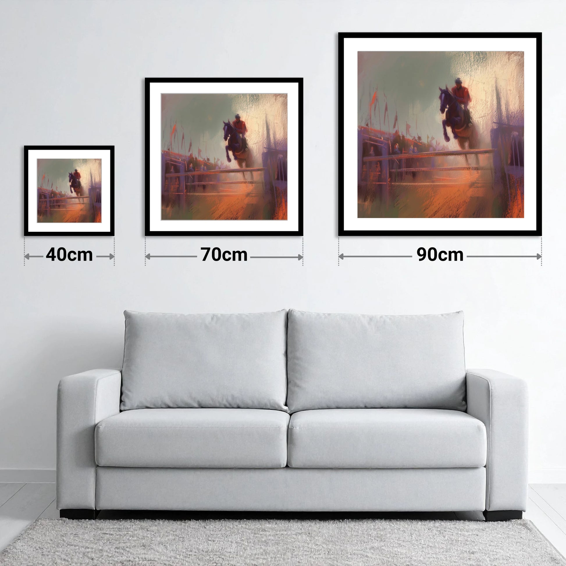 The Final Fence - size guide showing 40cm, 70cm and 90cm art prints
