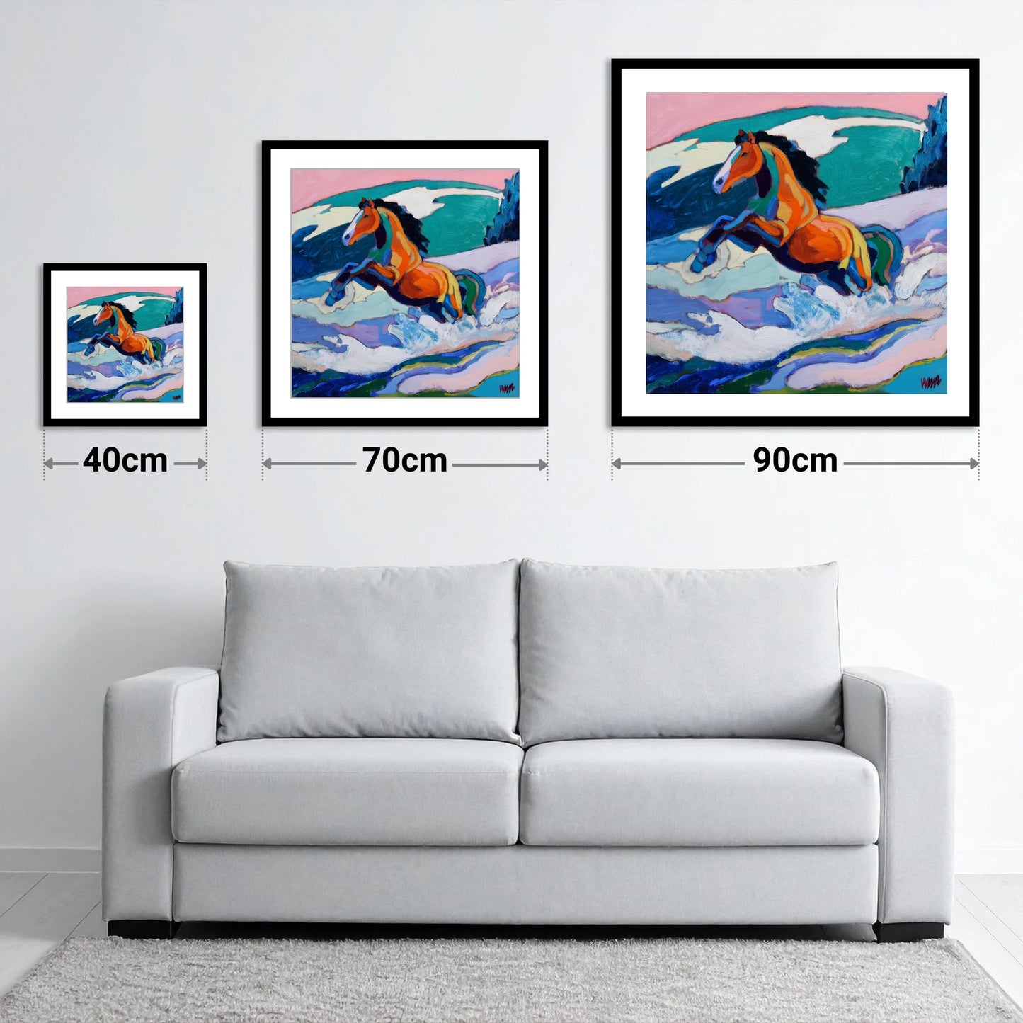Vivid Coastal Leap - size guide showing 40cm, 70cm and 90cm art prints