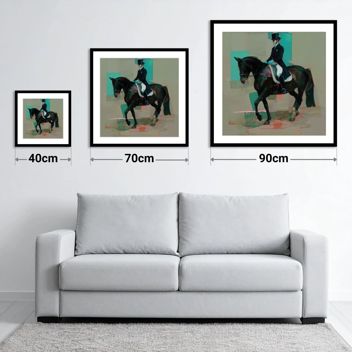 Contemporary Collection - size guide showing 40cm, 70cm and 90cm art prints