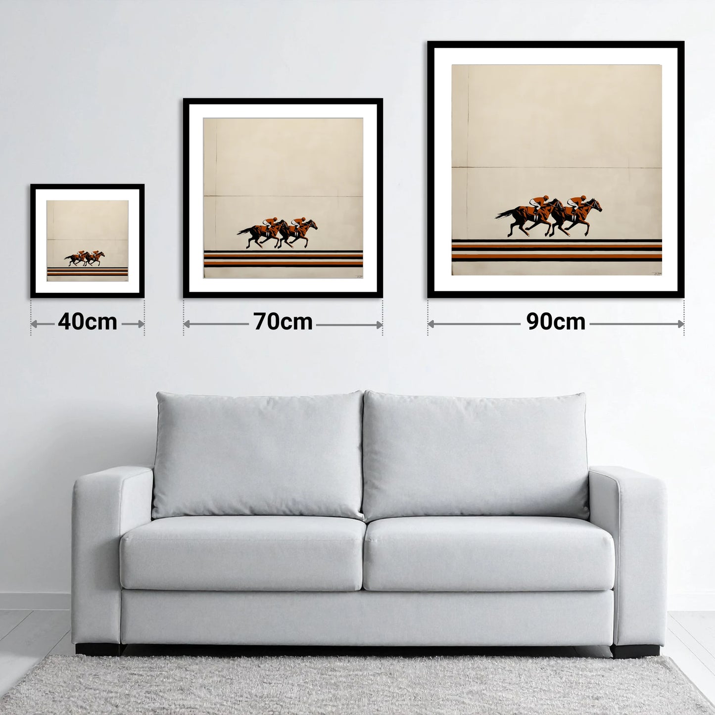 Stride for Stride - size guide showing 40cm, 70cm and 90cm art prints