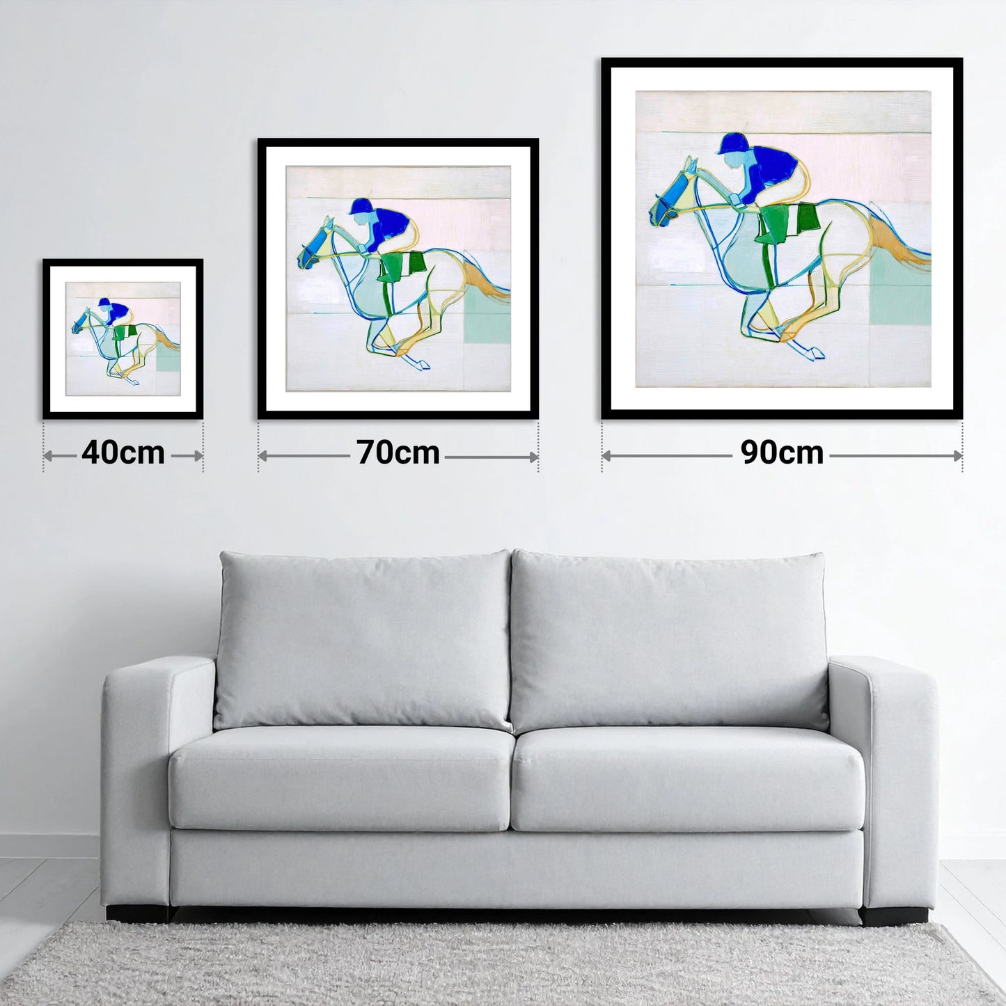 Abstract Racing Rhythm - size guide showing 40cm, 70cm and 90cm art prints