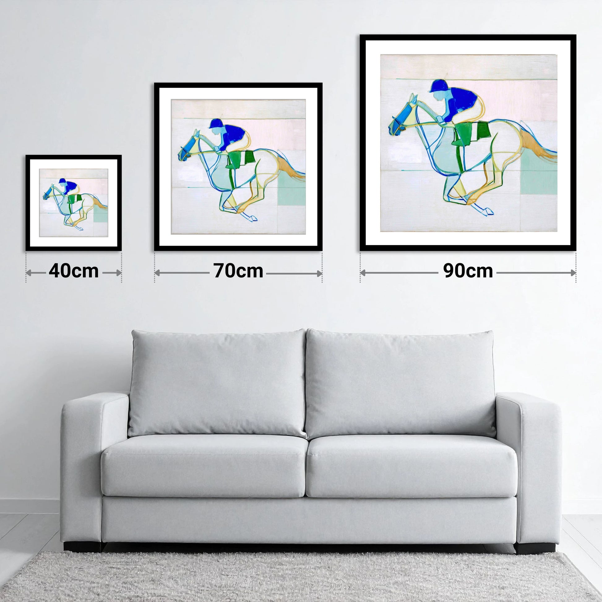 Abstract Racing Rhythm - size guide showing 40cm, 70cm and 90cm art prints