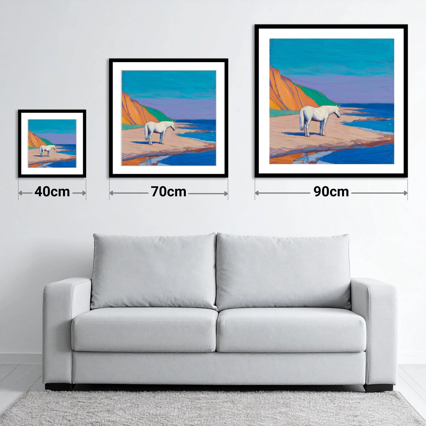 Vibrant Coastal Solitude - size guide showing 40cm, 70cm and 90cm art prints