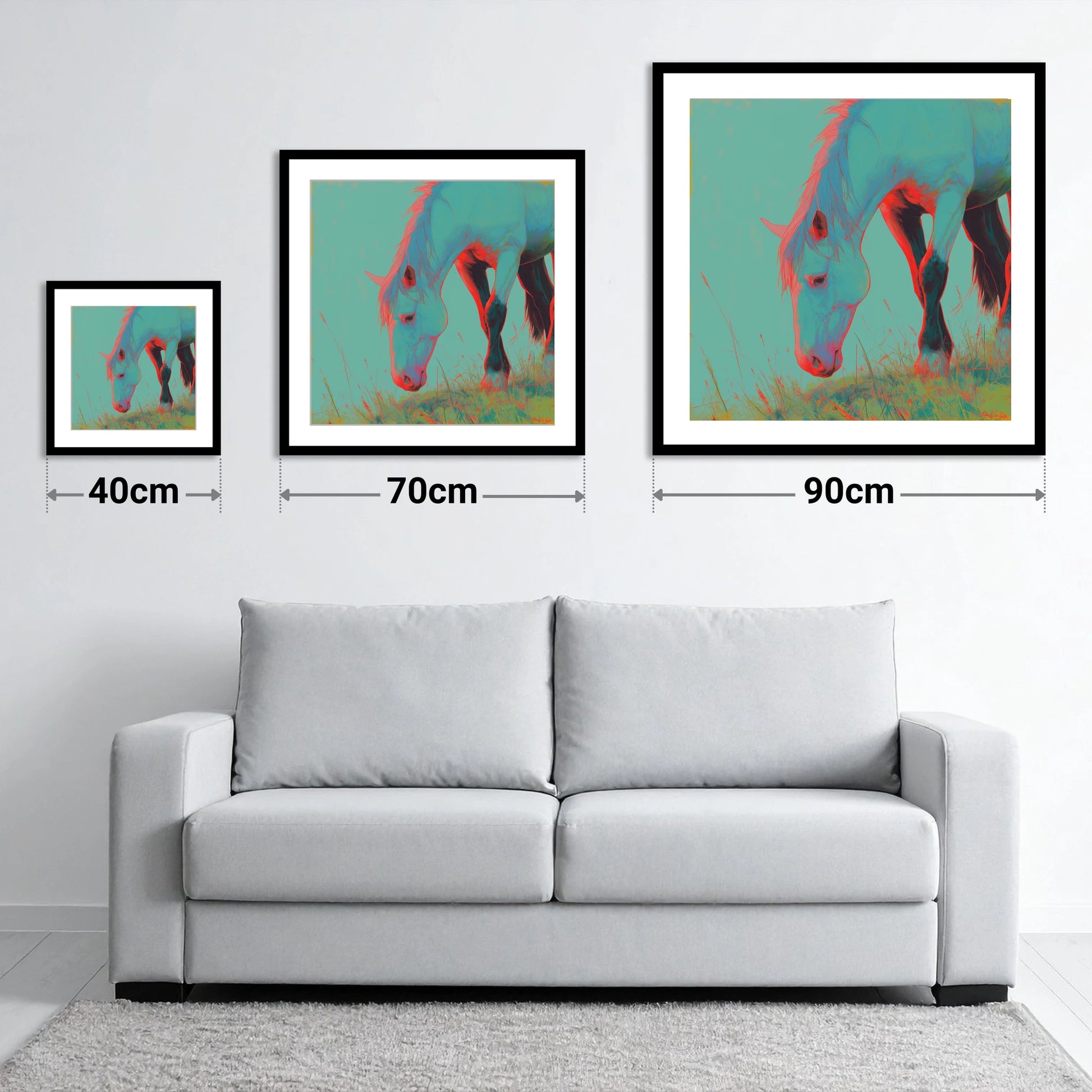 Electric Pasture Portrait - size guide showing 40cm, 70cm and 90cm art prints