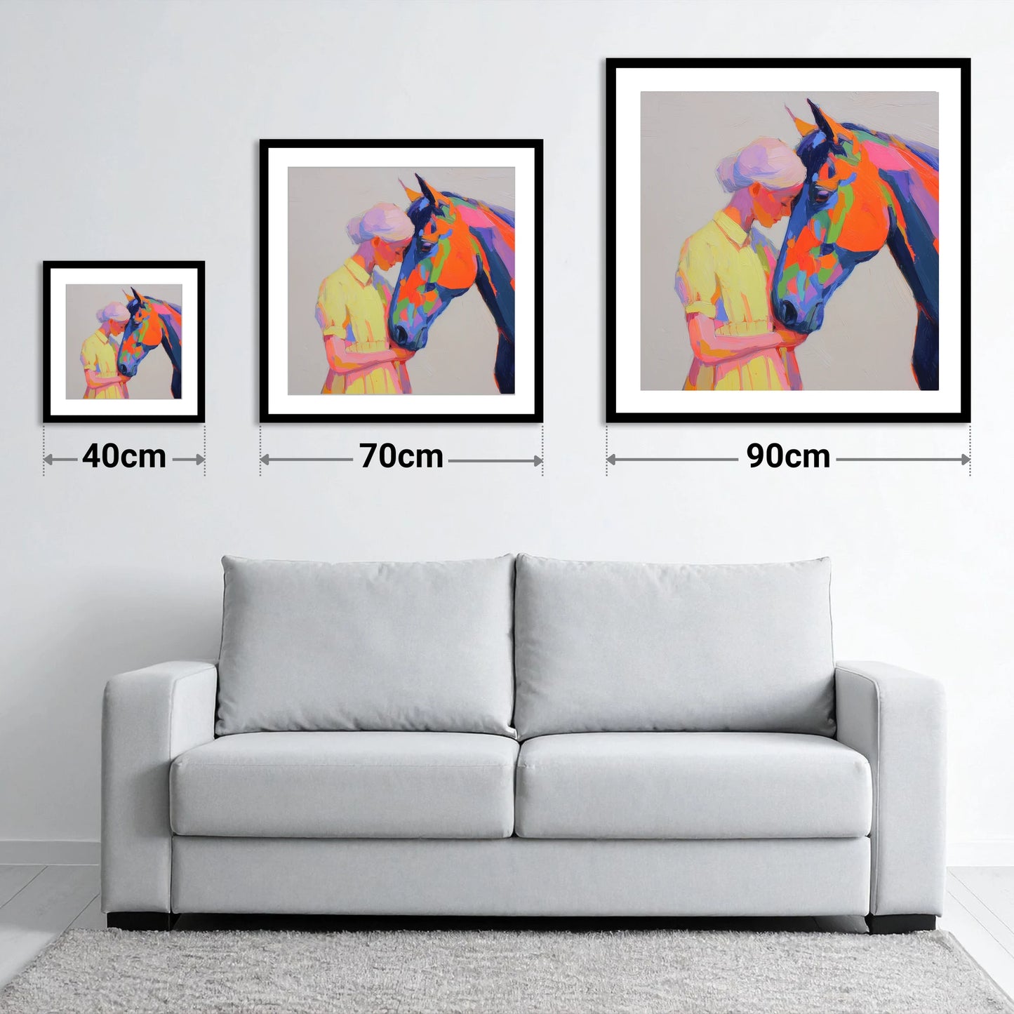 Radiant Connection - size guide showing 40cm, 70cm and 90cm art prints