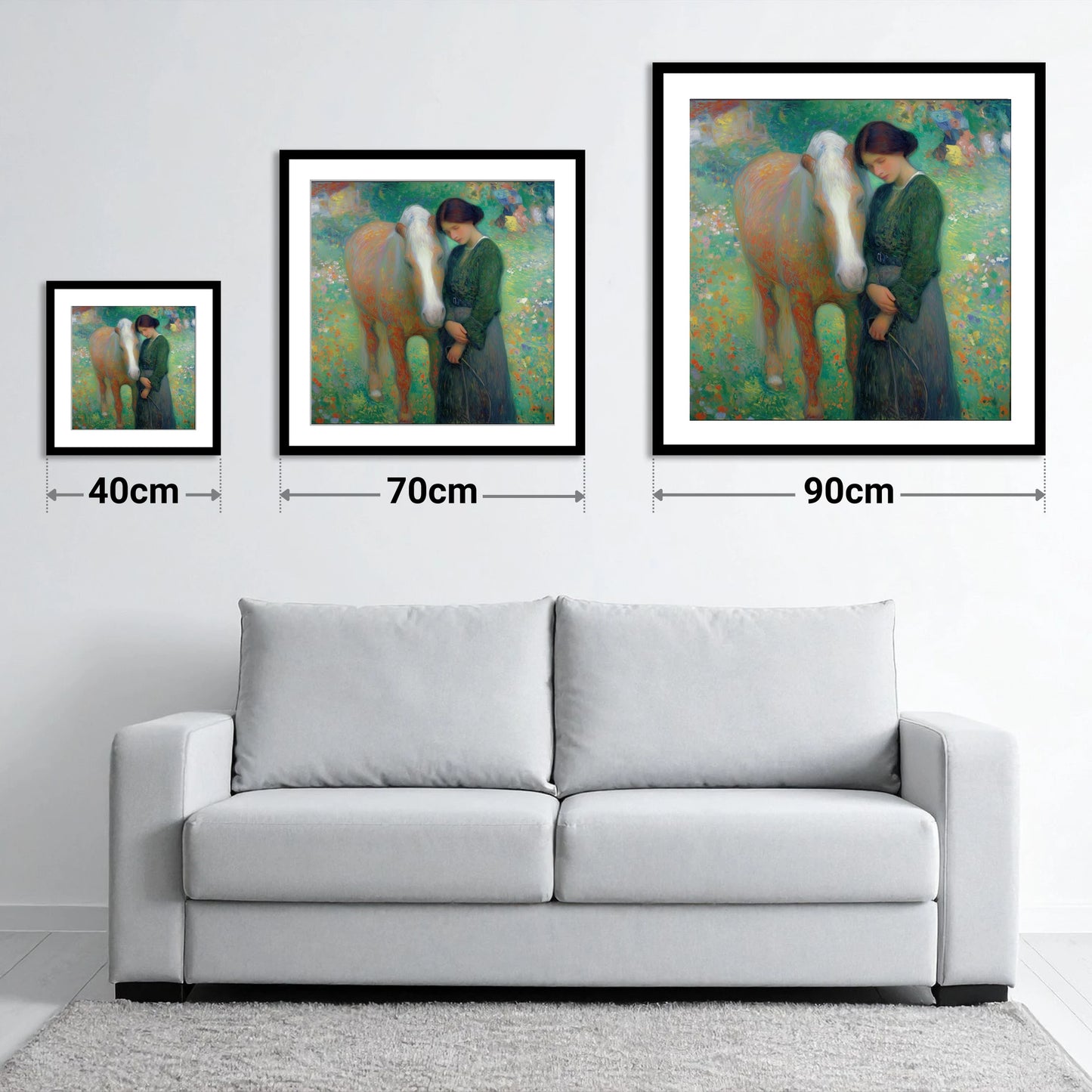 Meadow's Embrace - size guide showing 40cm, 70cm and 90cm art prints