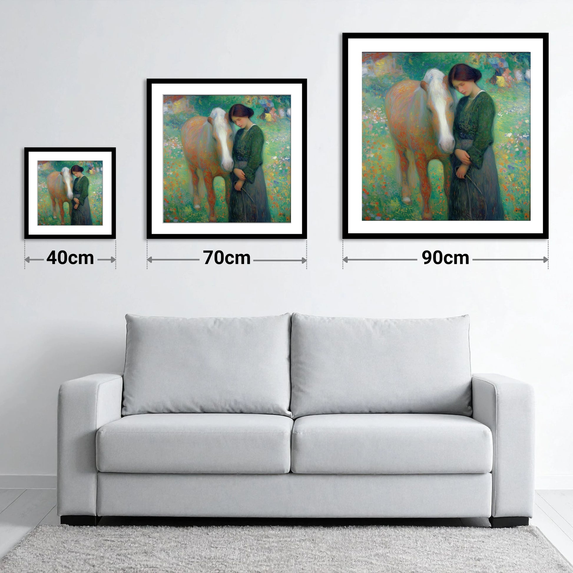 Meadow's Embrace - size guide showing 40cm, 70cm and 90cm art prints