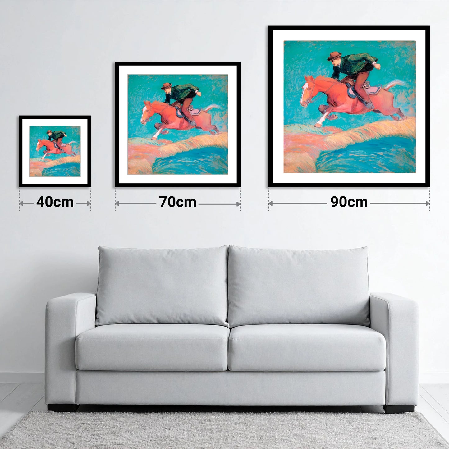 The Bold Leap - size guide showing 40cm, 70cm and 90cm art prints