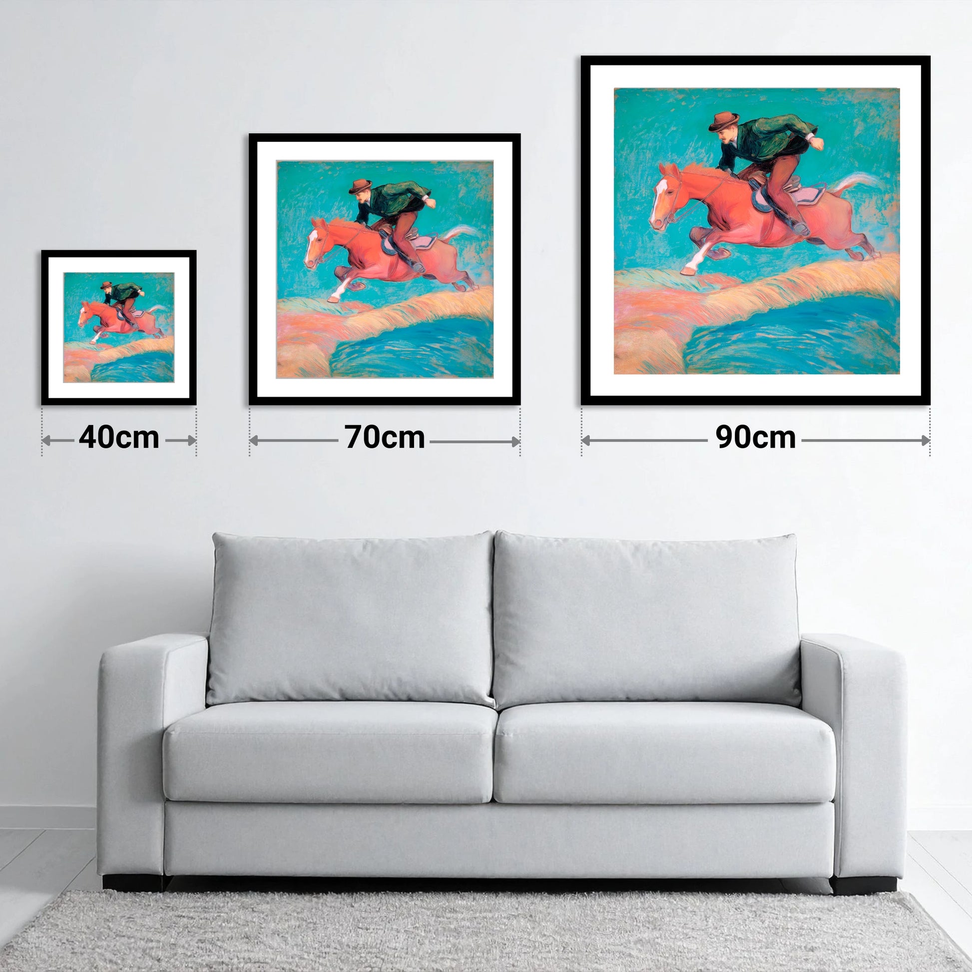 The Bold Leap - size guide showing 40cm, 70cm and 90cm art prints